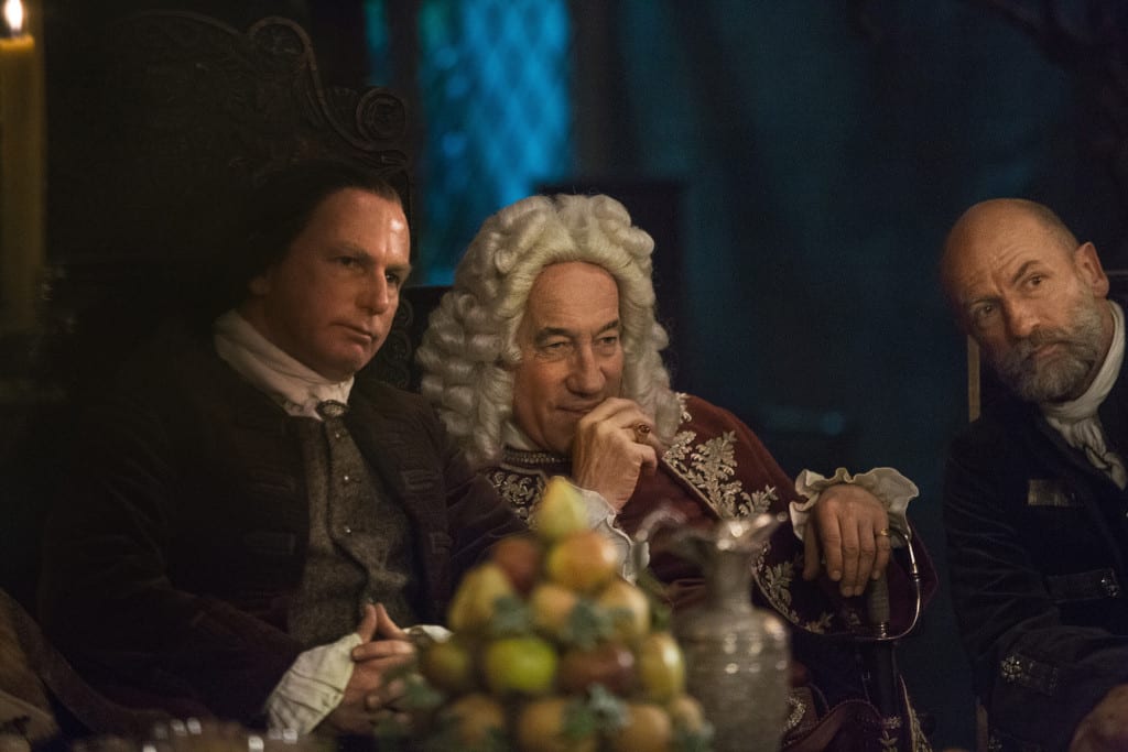 'Outlander' Season 1B, Colum MacKenzie (Gary Lewis), Duke of Sandringham (Simon Callow), and Dougal MacKenzie (Graham McTavish)