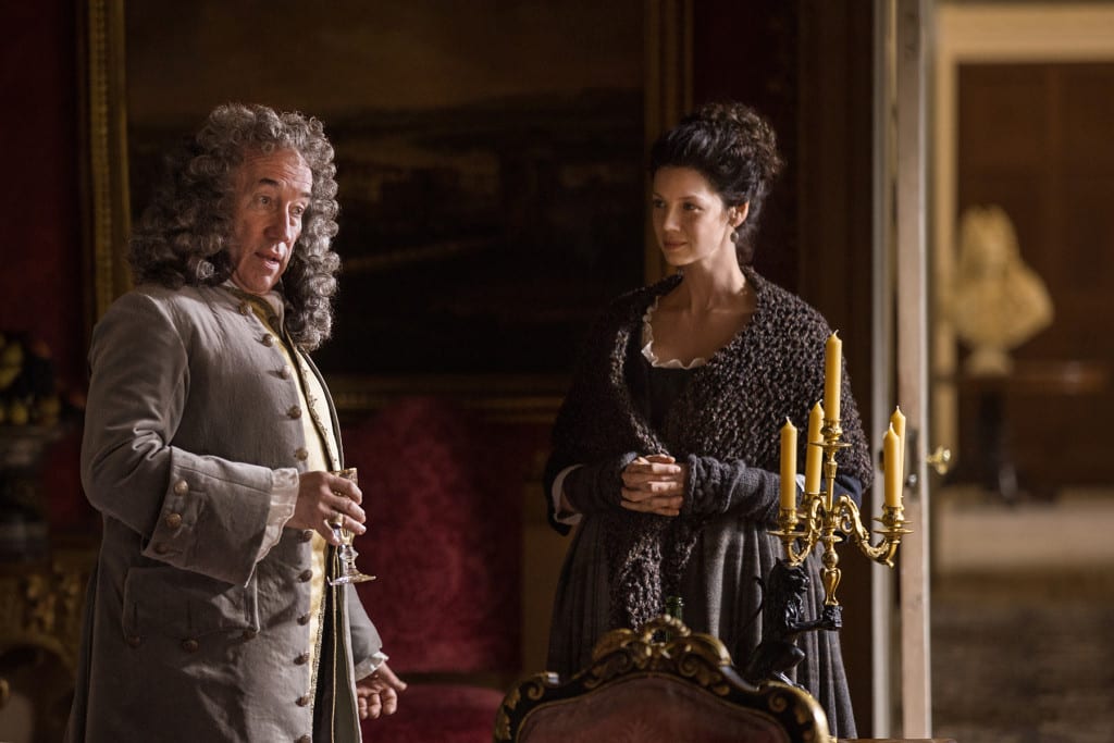 'Outlander' Season 1B, Duke of Sandringham (Simon Callow) and Claire Randall Fraser (Caitriona Balfe)