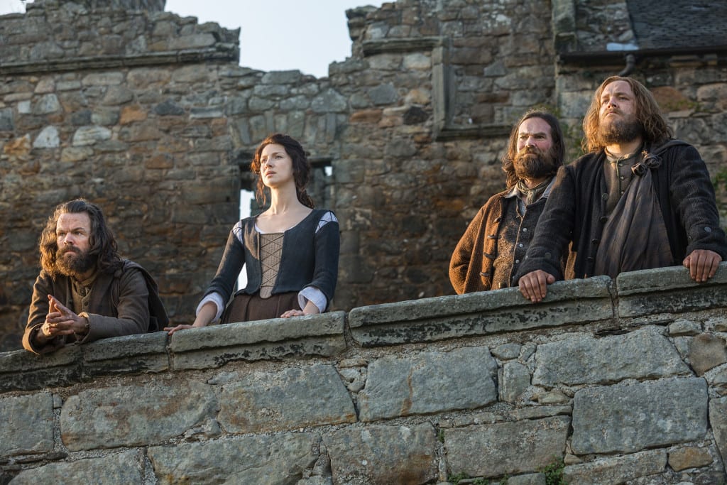 'Outlander' Season 1B Angus Mhor (Stephen Walters), Claire Randall Fraser (Caitriona Balfe), Murtagh Fitzgibbons (Duncan Lacroix), and Rupert (Grant O'Rourke) 